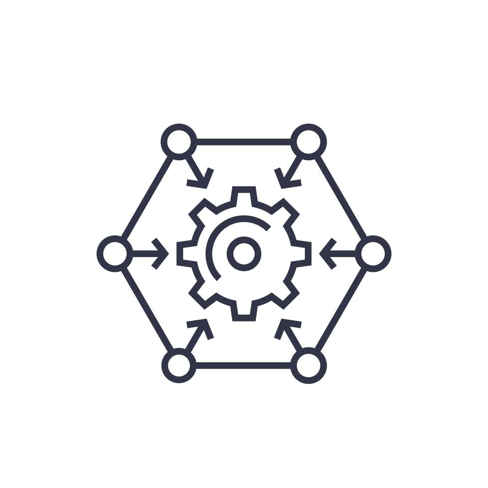 Integration process, technology icon with cogwheel, linear on white ...