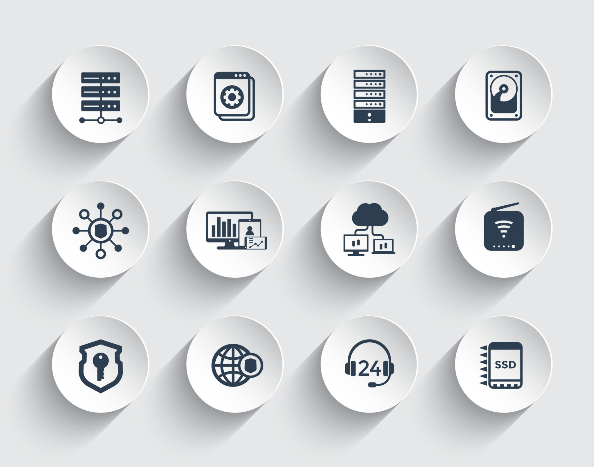 Hosting, servers, network infrastructure, data storage icons set