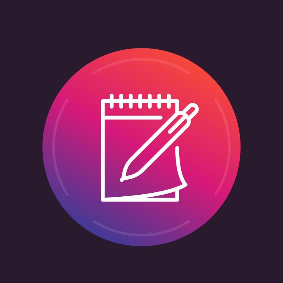 notebook and pen linear icon, note, diary, writing sign vector