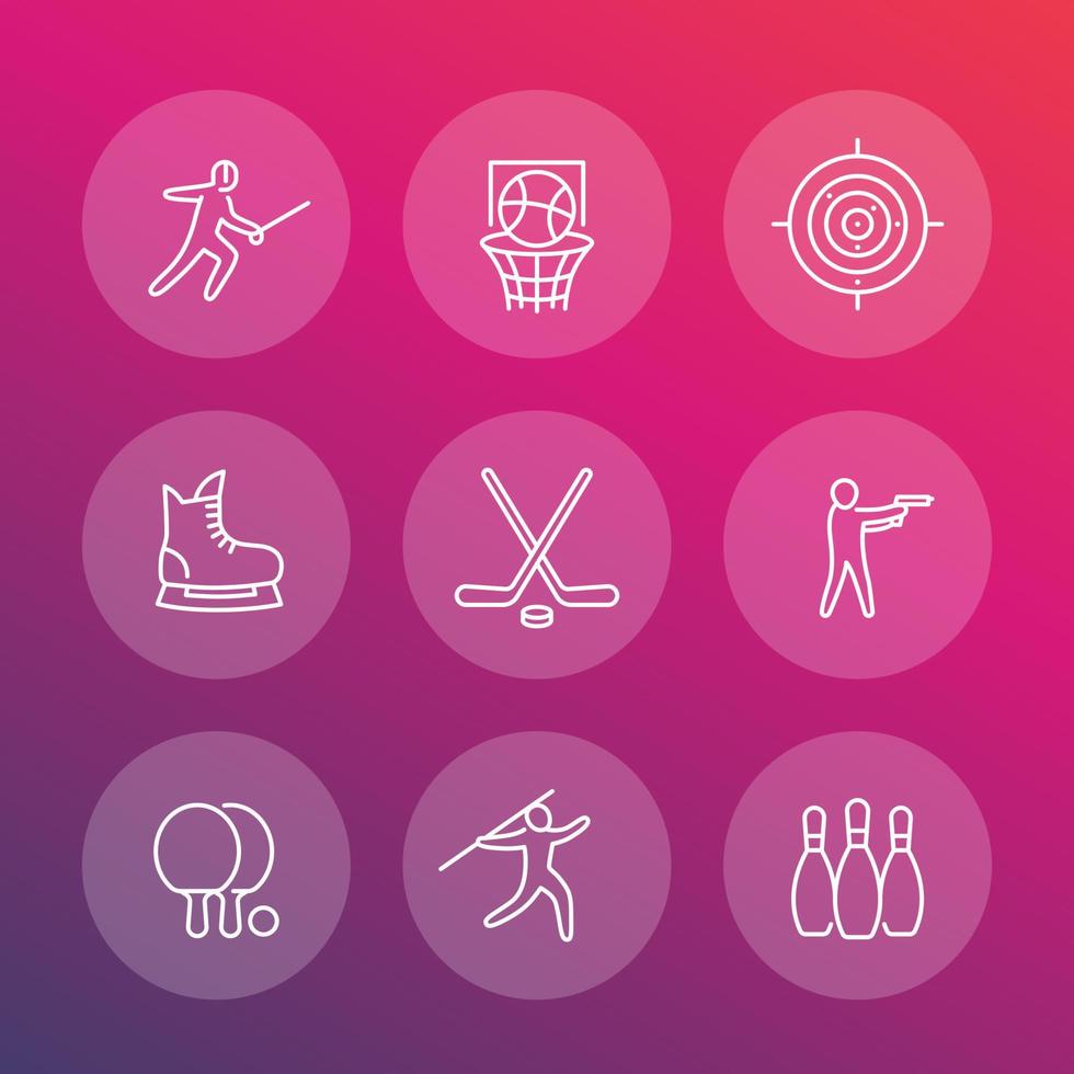 sports, games, team sport line icons set, fencing, hockey, skating, ping pong, basketball, bowling pins vector