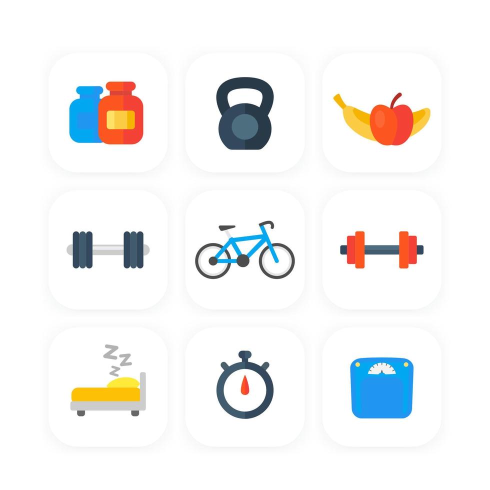 fitness, iconos de gimnasio en estilo plano vector