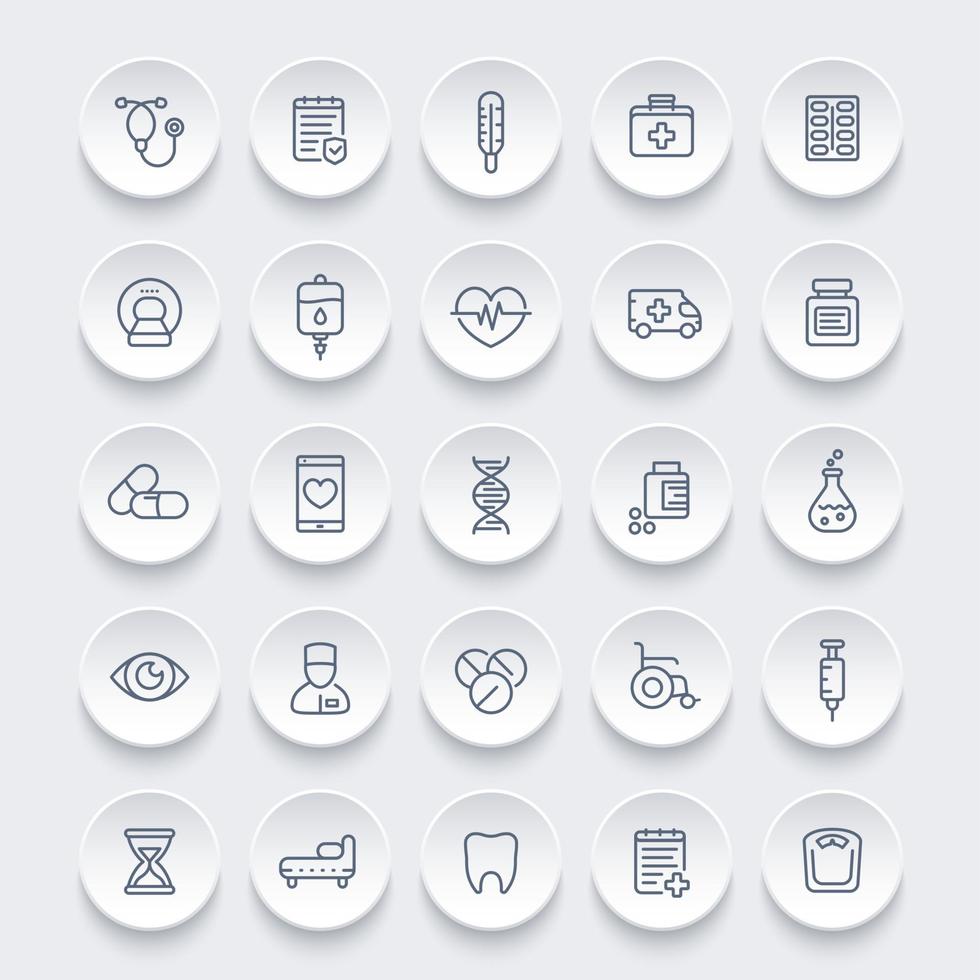 medicine, healthcare line icons set, health insurance, pills, mri scan, ambulance, iv bag, wheelchair, syringe vector