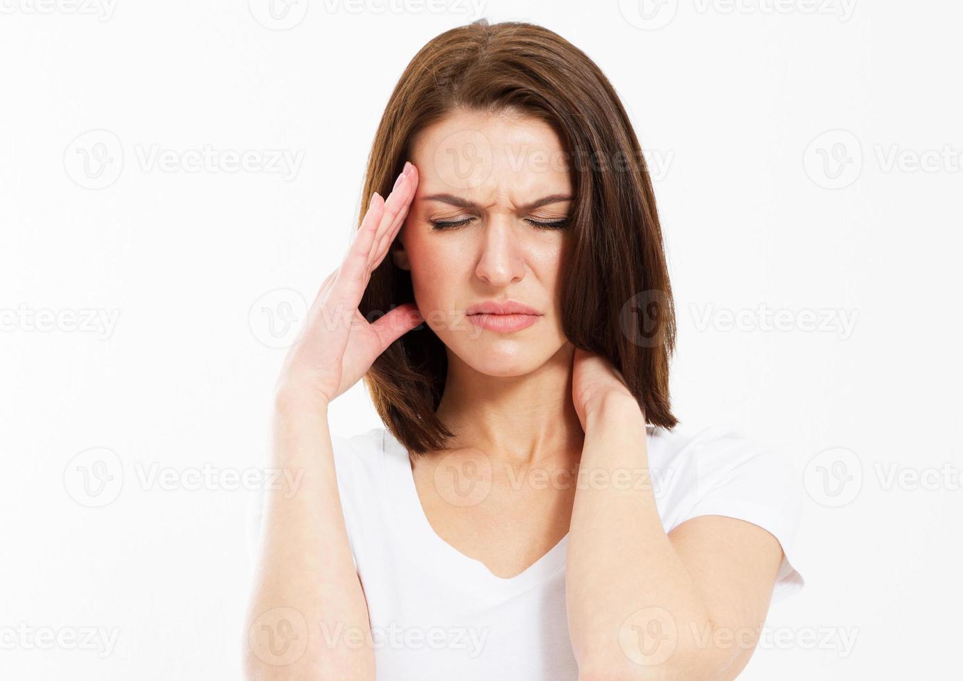 Strong female migraine, Suffering woman head pain isolated photo