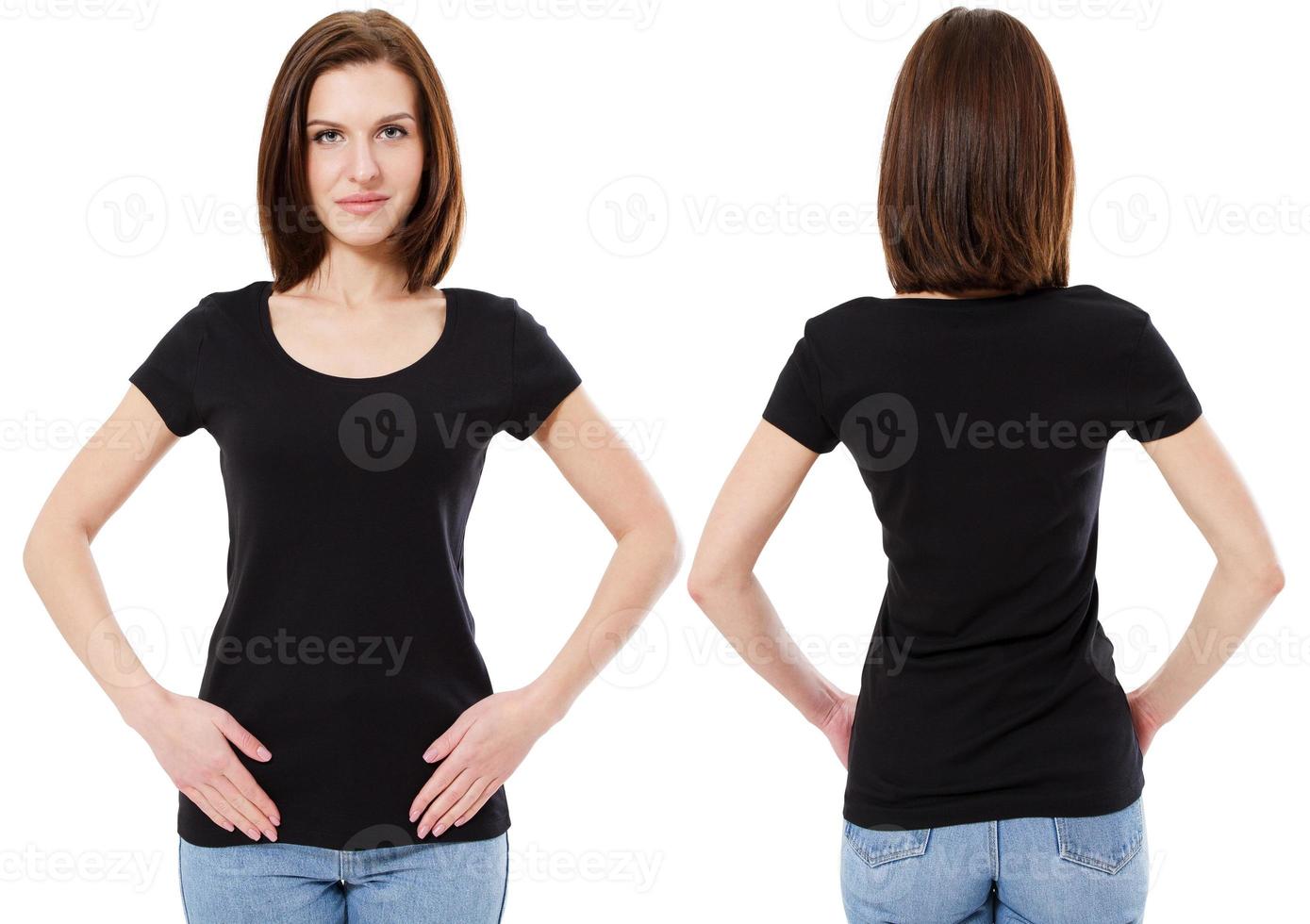 Young beautiful brunette female with blank black shirt, front and back. Ready for your design or logo photo