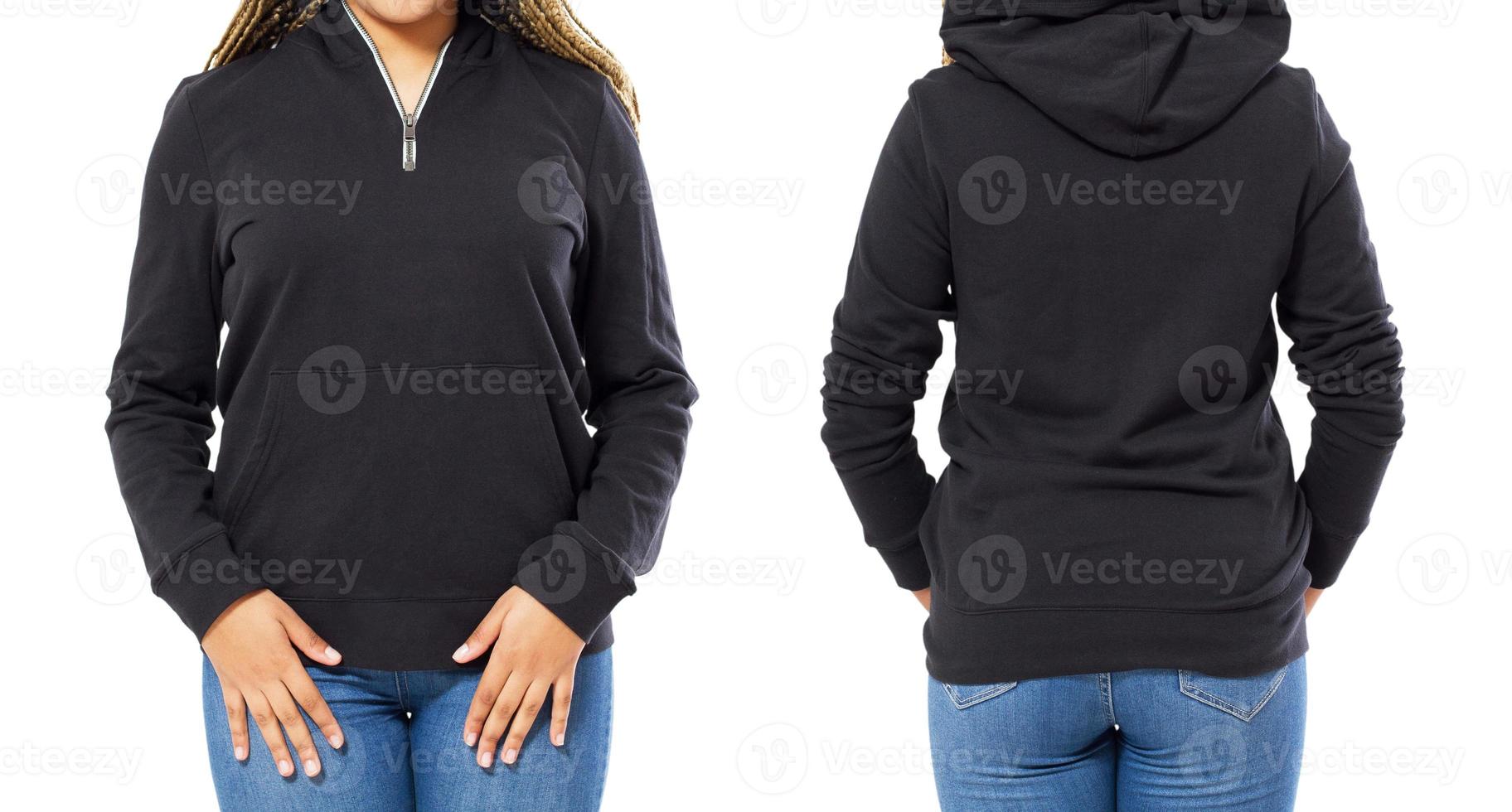 Front back and rear black sweatshirt view. Woman in template clothes for print and copy space isolated on white background. Mockup. Cropped image photo