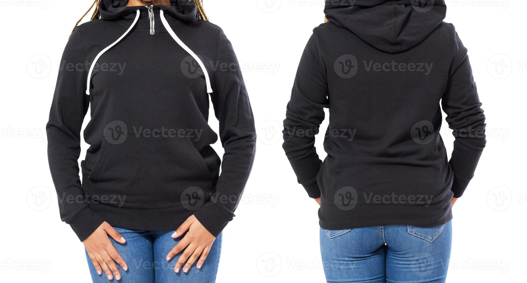 Front back and rear black sweatshirt view. Woman show on template clothes for print and copy space isolated on white background, Mock up, Cropped image. photo