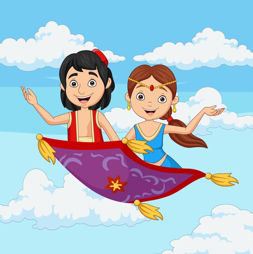 Cartoon couple travelling on flying carpet vector