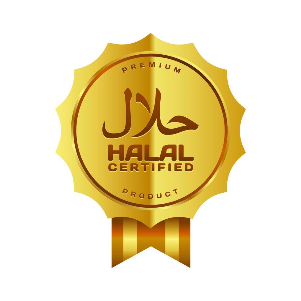 insignias vectoriales doradas con certificación halal con escritura árabe y cinta vector