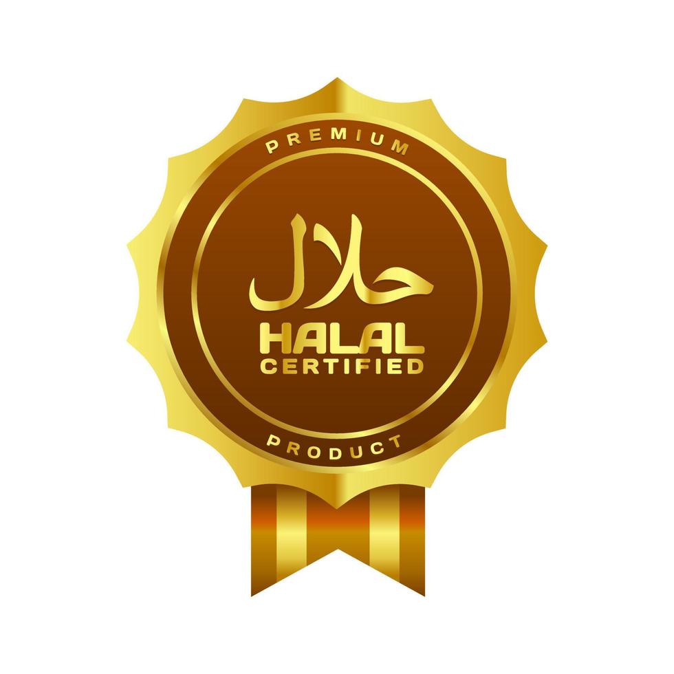 insignias vectoriales doradas con certificación halal con escritura árabe y cinta vector