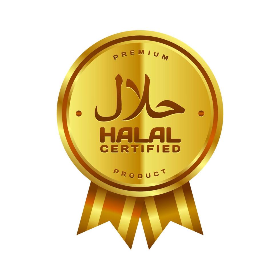insignias vectoriales doradas con certificación halal con escritura árabe y cinta vector
