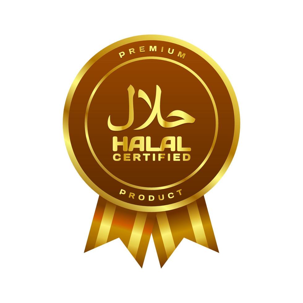 insignias vectoriales doradas con certificación halal con escritura árabe y cinta vector