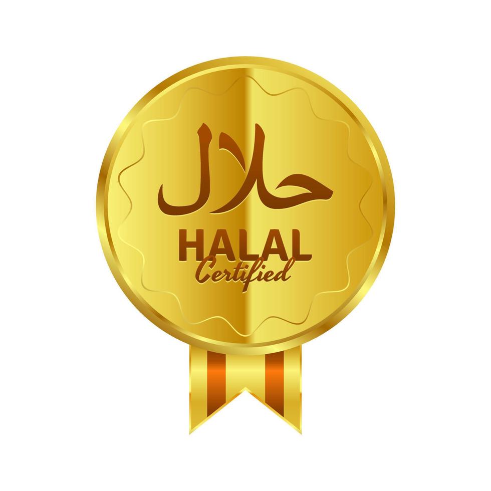 insignias vectoriales doradas con certificación halal con escritura árabe y cinta vector