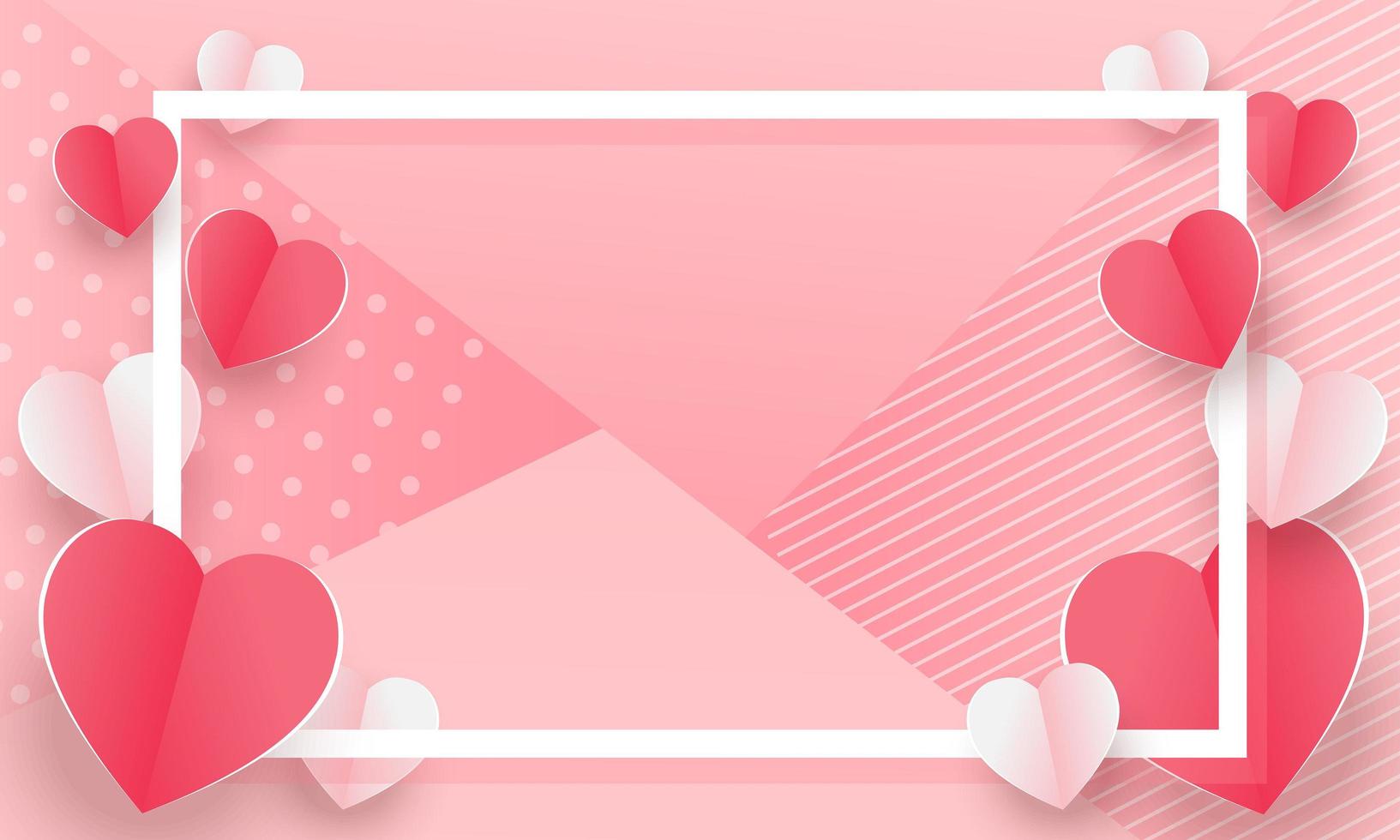 Valentine's day concept background. Vector illustration. 3d red and pink paper hearts with white square frame. Cute love sale banner or greeting card