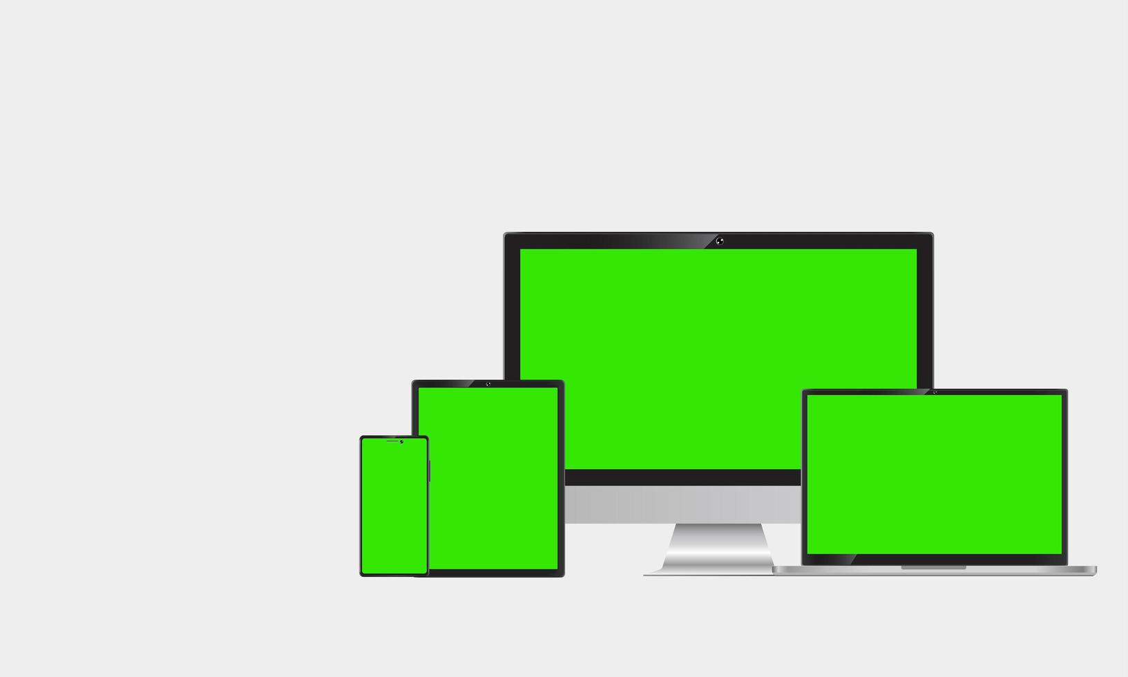 Set of realistic computer monitors, laptops, tablets and mobile phones. Electronic gadgets on white background.Green screen. Vector mobile device concept.