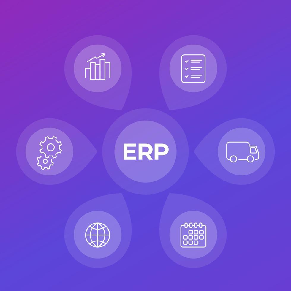 ERP software line icons, vector infographics