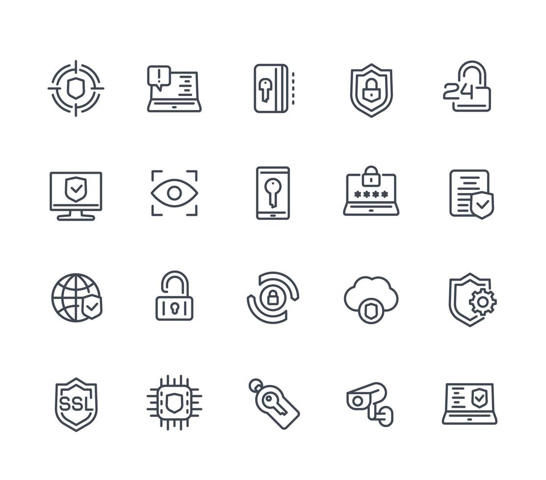 Security and protection line icons on white, secure browsing, cybersecurity, protected data and privacy vector