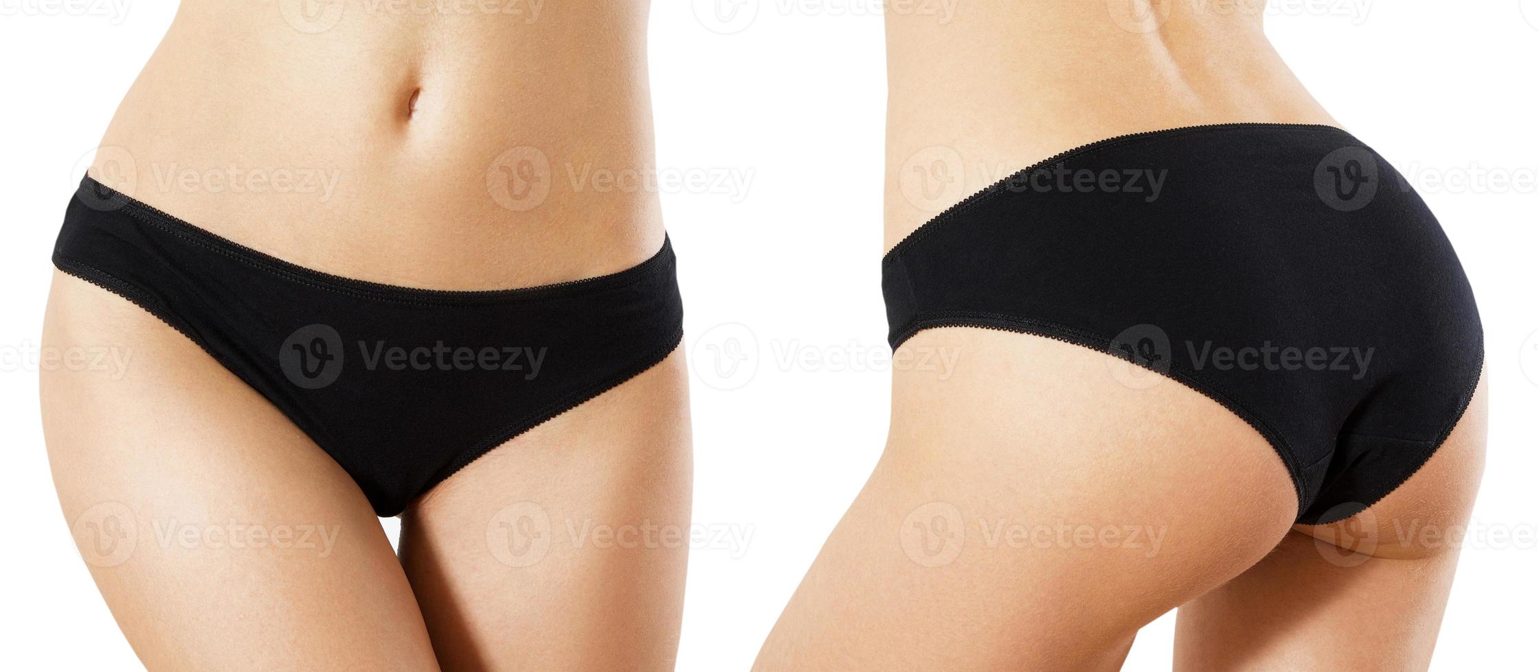 Panties Set Mockup. Beautiful Woman Body In Shape. Closeup Healthy Girl With Fit Slim Body, Soft Skin And Firm Buttocks, Hips In Black Bikini Panties. Female With Sexy Front And Back photo