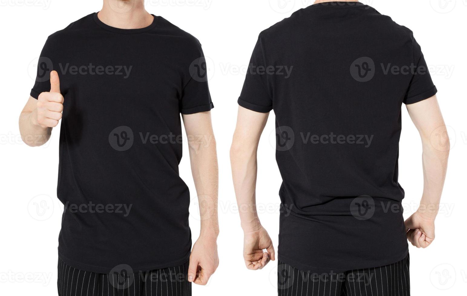 Man body tshirt mock up, black t-shirt copy space front back view set collage photo