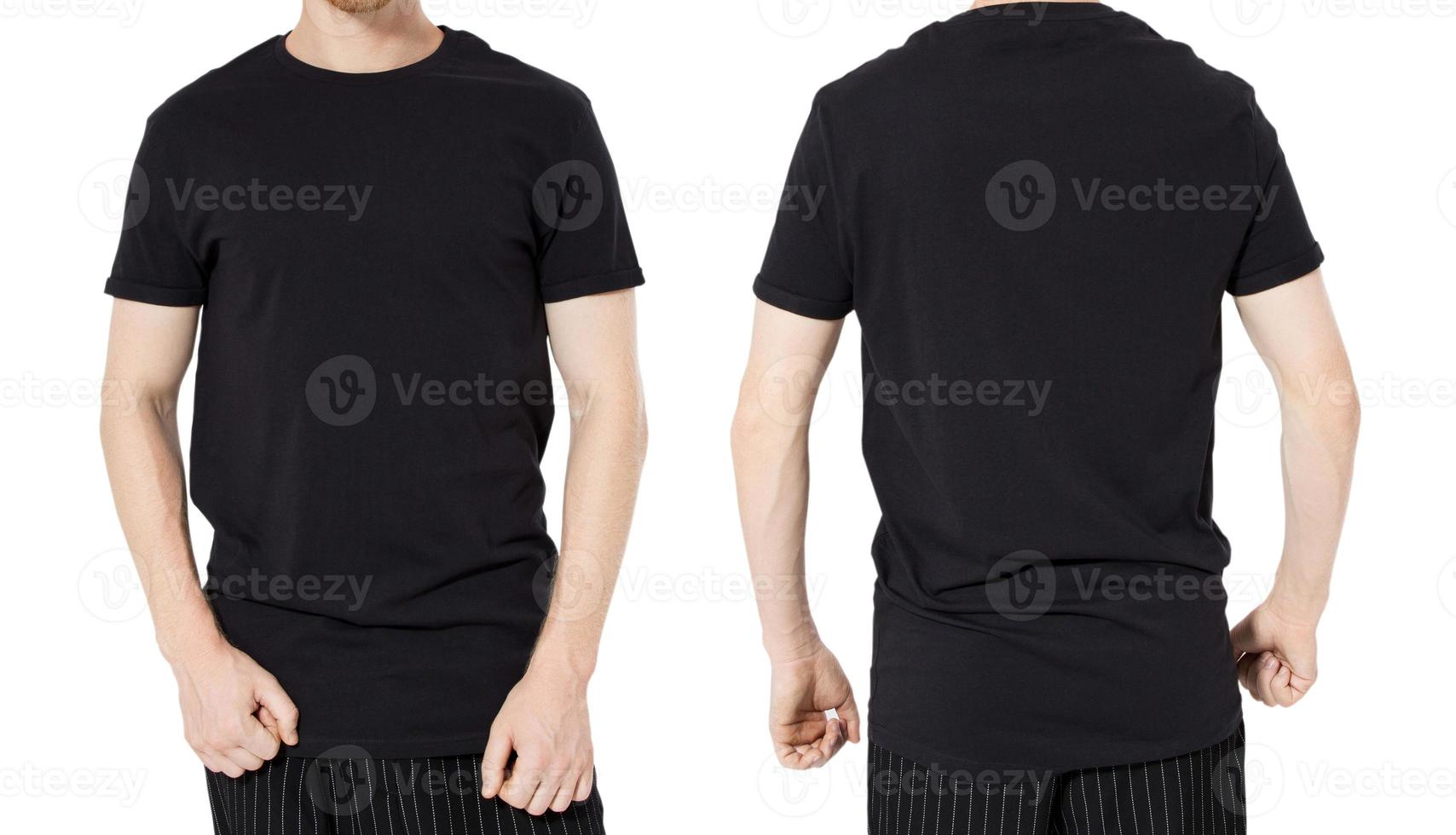 Asian man wearing blank black tshirt isolated on white background, man in t-shirt mock up photo