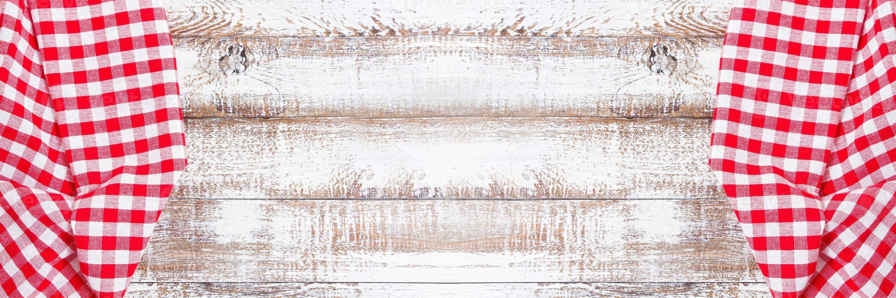 set top view empty wooden table with tablecloth, food drink background photo