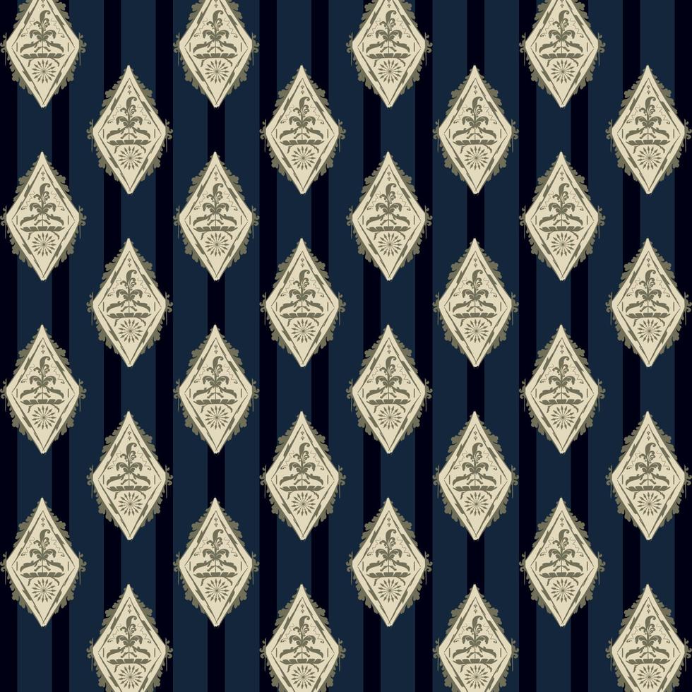 seamless elegant royal damask floral diamond pattern flower ornament dark blue stripe background suitable for interior wallpaper printing vector