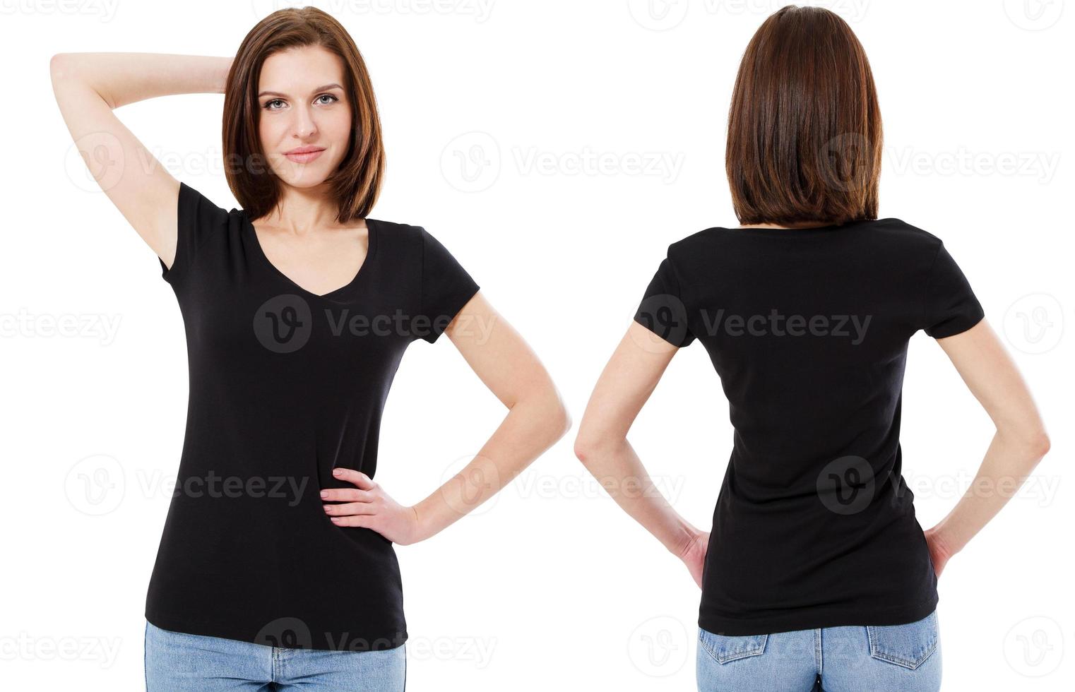 girl in stylish black t-shirt isolated on white background,copy space,blank photo