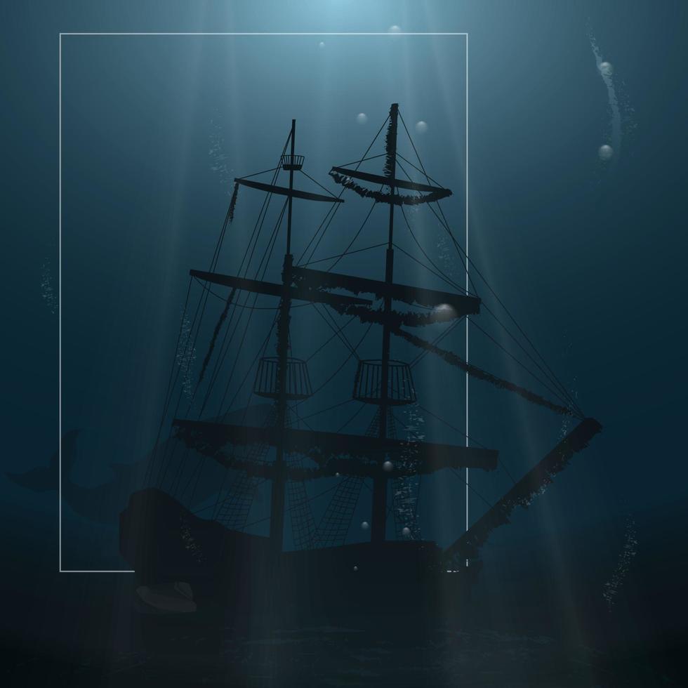 Sunken ship at the bottom of the ocean. vector