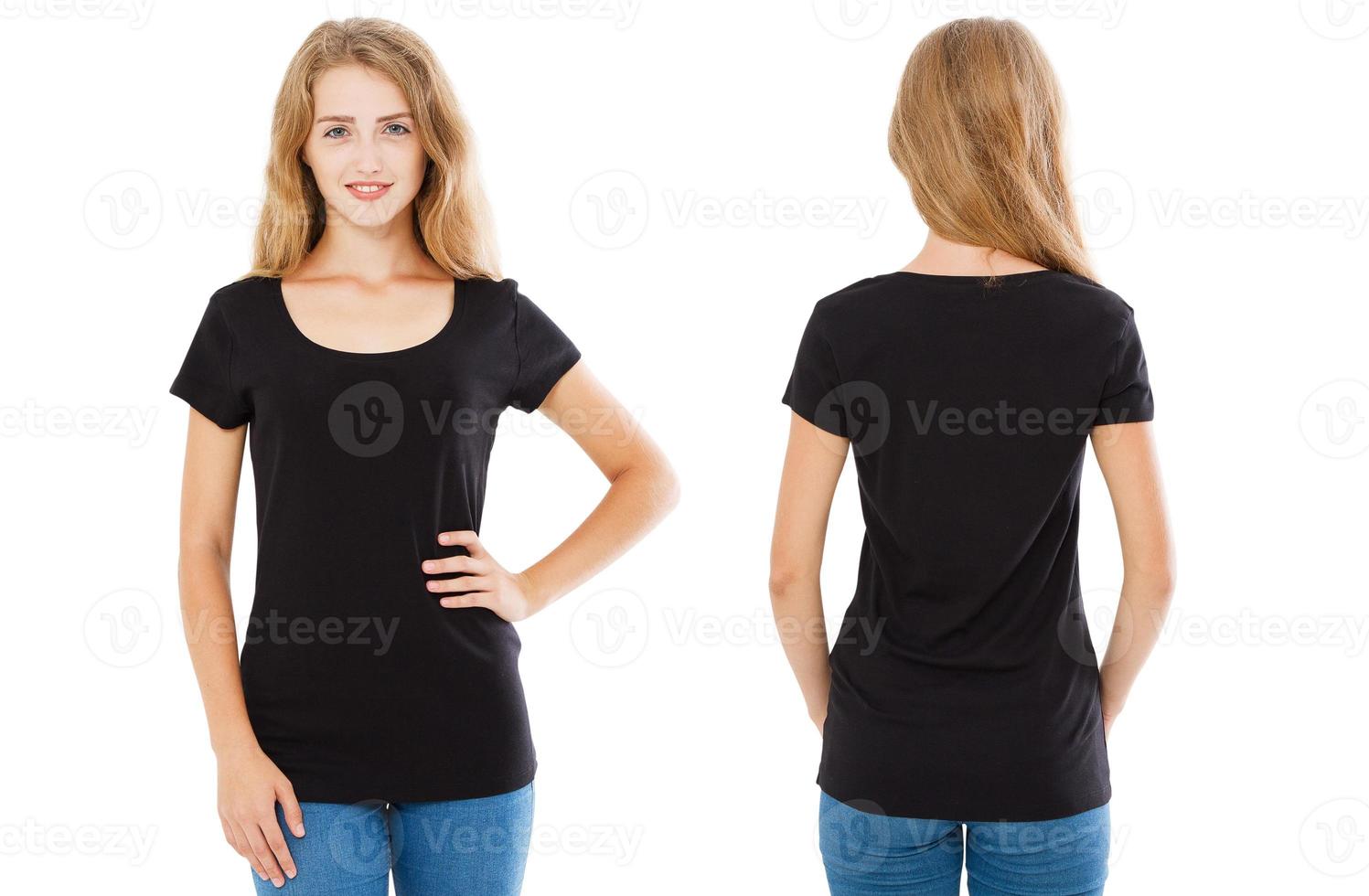 set black t shirt isolated on white, woman in t-shirt,blank photo