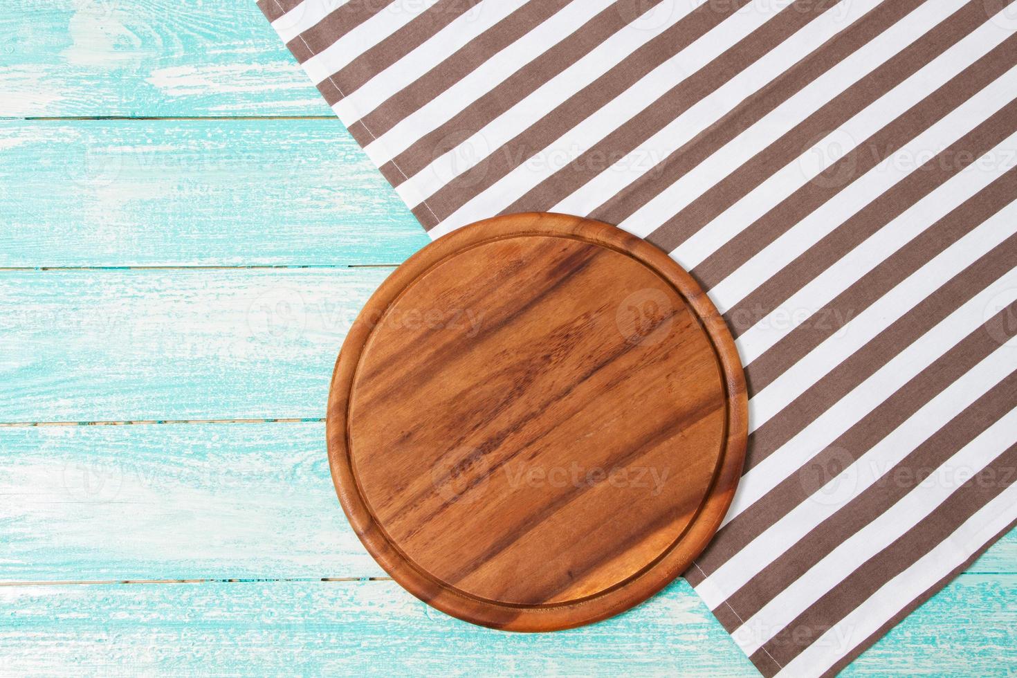empty desk,tablecloth on wooden table top view,copy space,food and drink concept photo