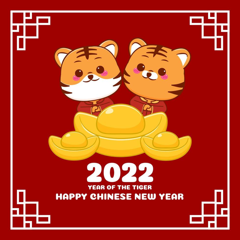 Cute tiger cartoon character Chinese new year greeting card 2022 year of the tiger zodiac vector