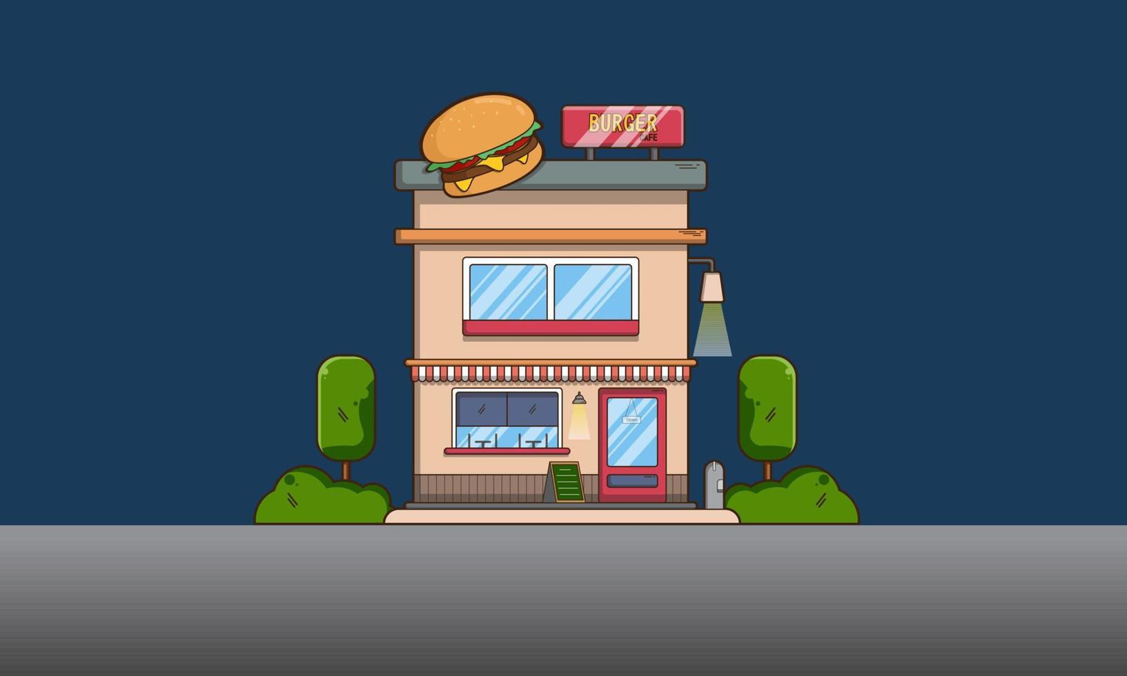 A vector illustration of Burger Cafe. Fast food restaurant building. Night mode.