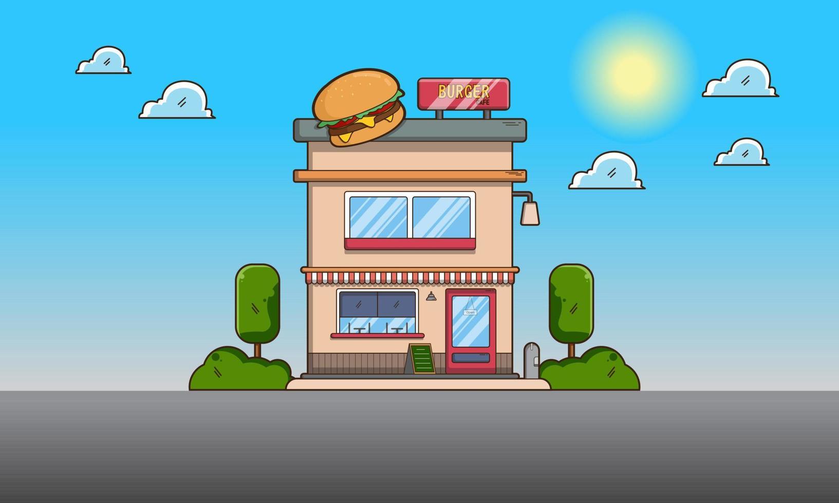 A vector illustration of Burger Cafe. Fast food restaurant building. Daylight mode.