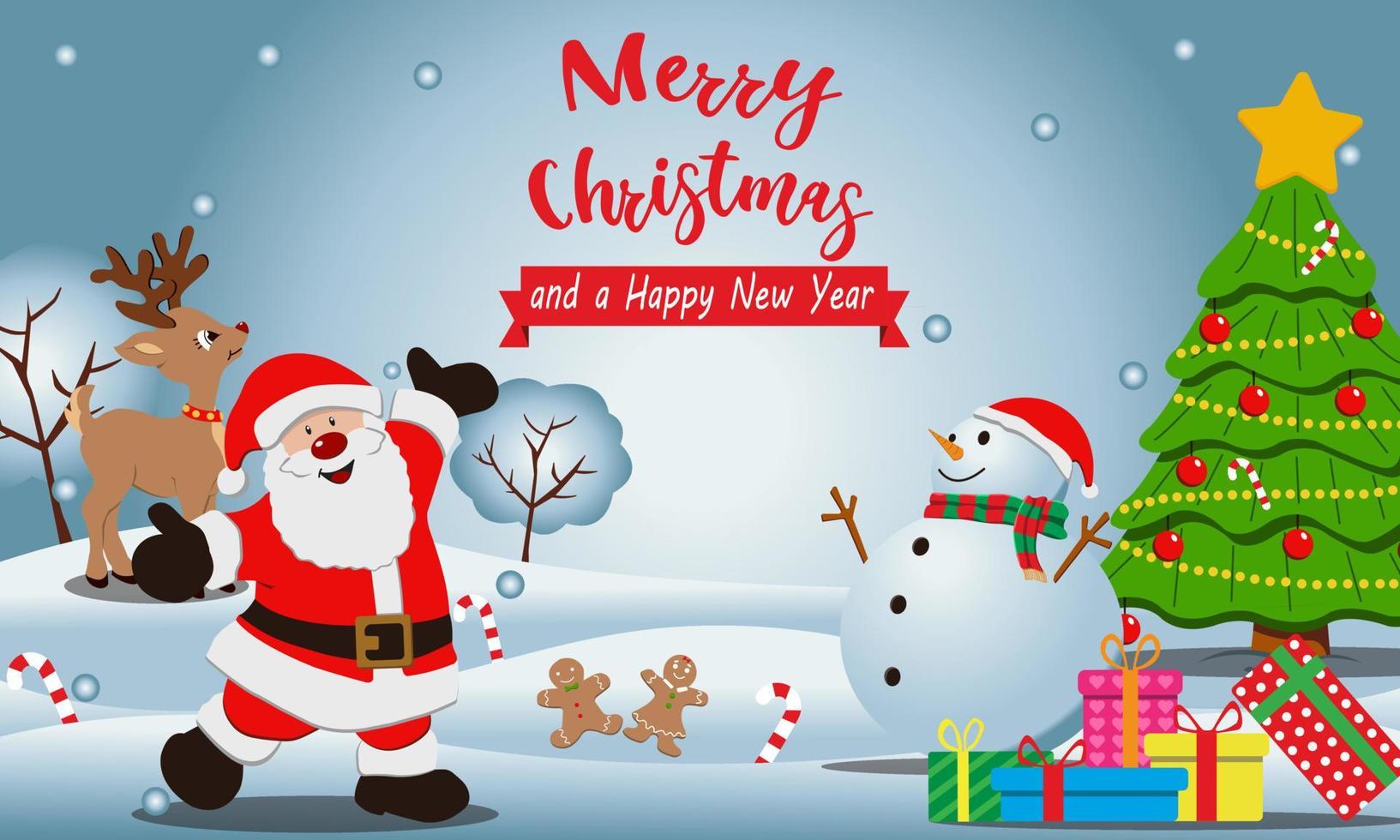 Santa Claus, Reindeer, Cookies, Snowman are gathering to wish me a merry Christmas and a happy new year with fir tree decorations and some gifts in winter. Vector illustration Graphic.