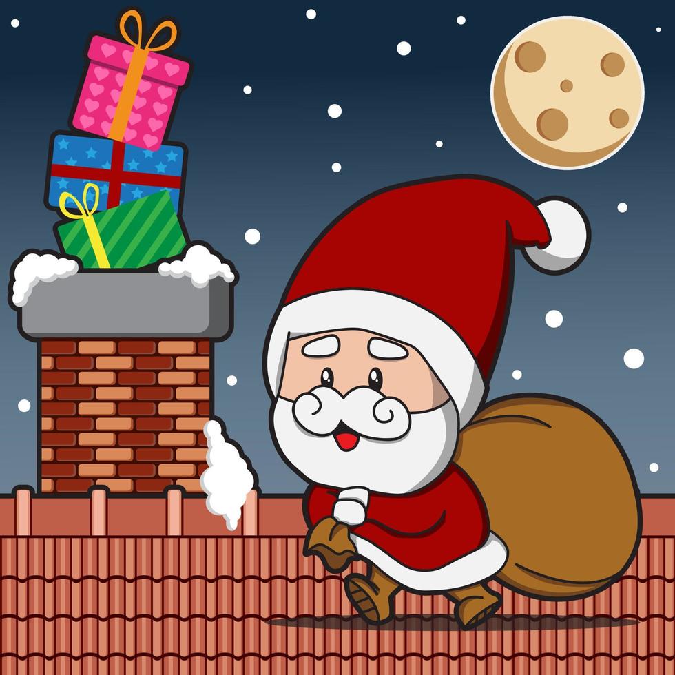 Santa Claus walking on the roof to give gifts on Christmas eve through the chimney. Vector illustration graphic.