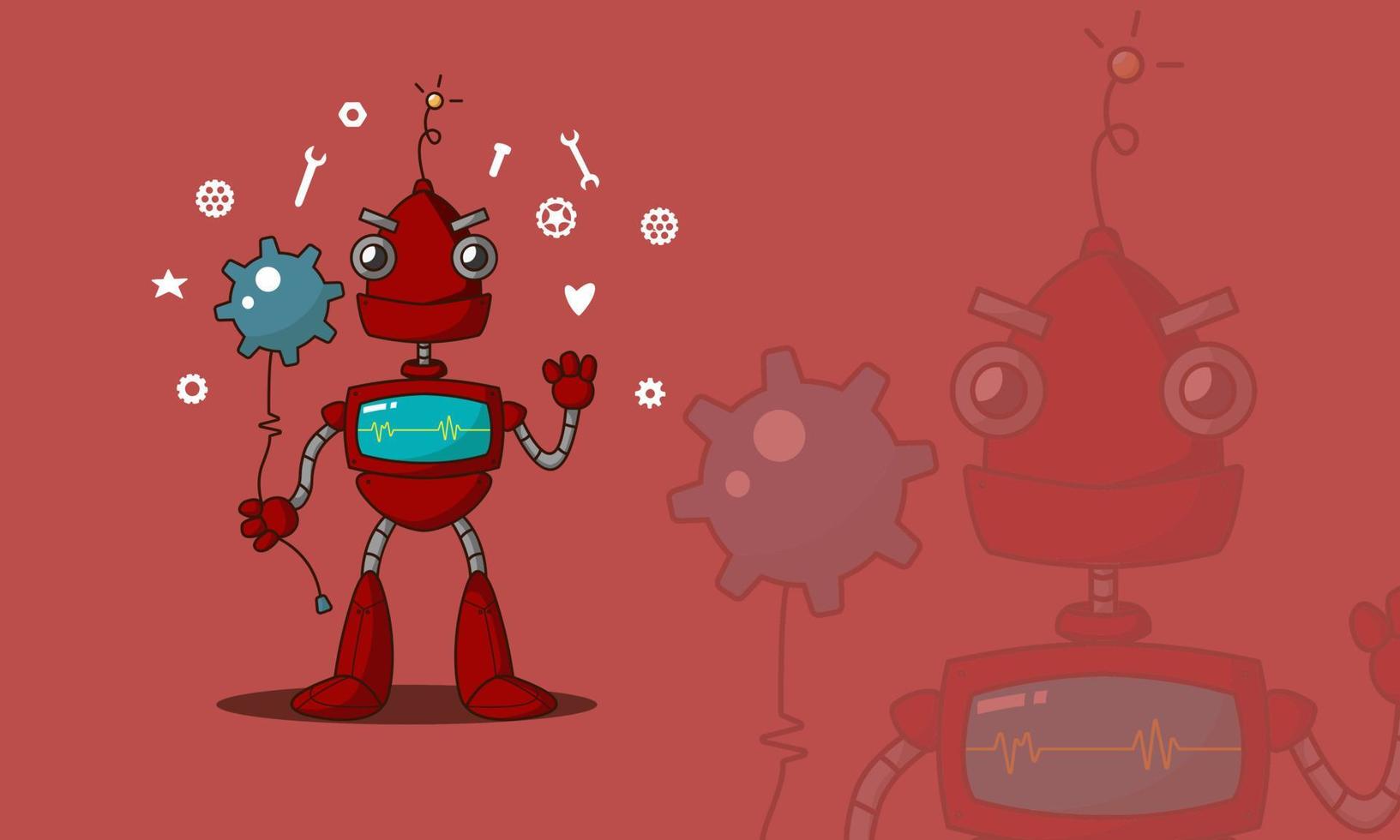 Cute red robot on a red background. Graphic vector illustration. Cyborg futuristic design robotic toy robot. Robot technology machine future science toy. Cute element icon character, cartoon robot.