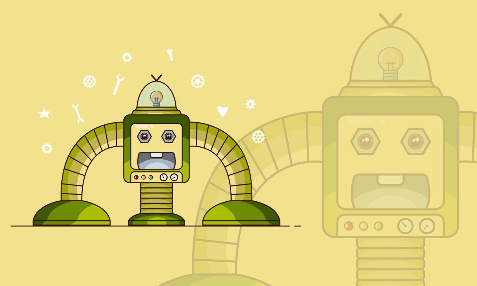 Cute green robot on yellow background. Graphic vector illustration. Cyborg futuristic design robotic toy robot. Robot technology machine future science toy. Cute element icon character, cartoon robot.