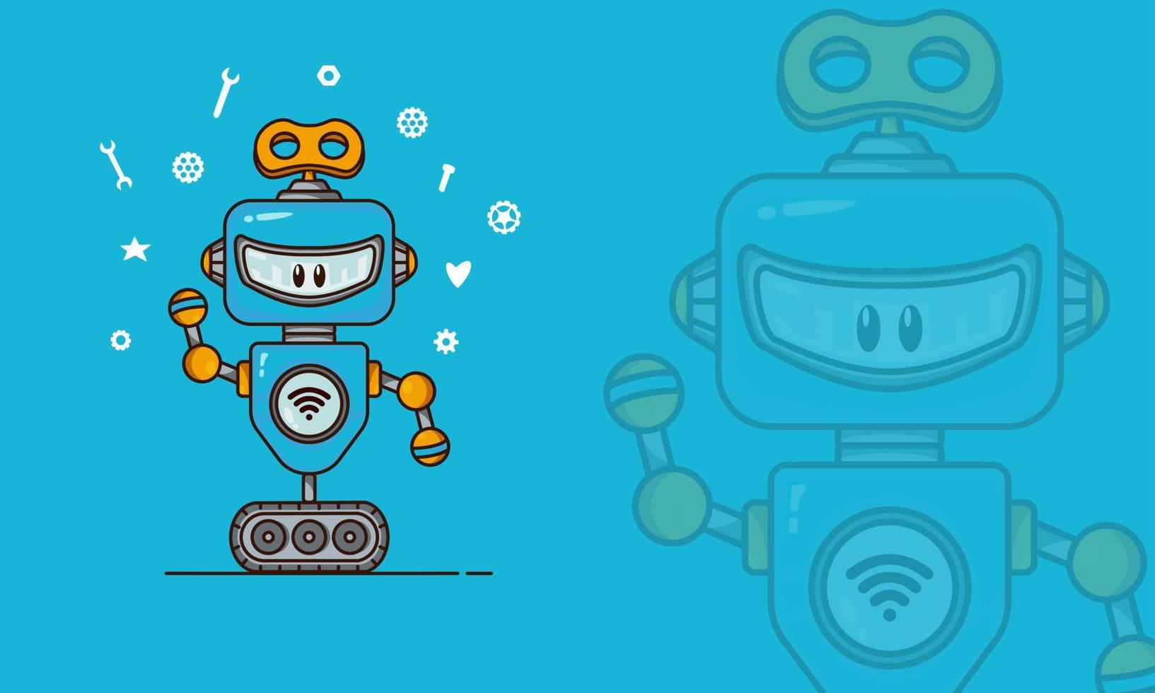 Cute blue robot on blue background. Graphic vector illustration. Cyborg futuristic design robotic toy robot. Robot technology machine future science toy. Cute element icon character, cartoon robot.