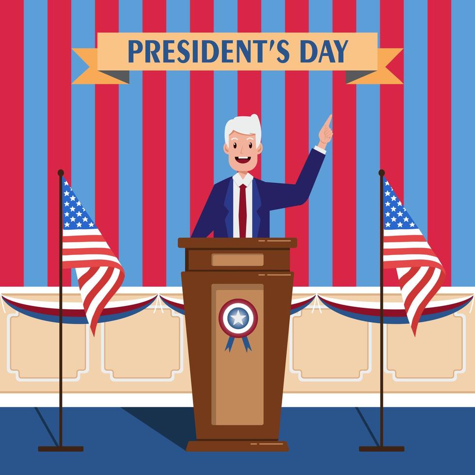 The president is giving a speech to celebrate President's Day. Vector illustration graphic.
