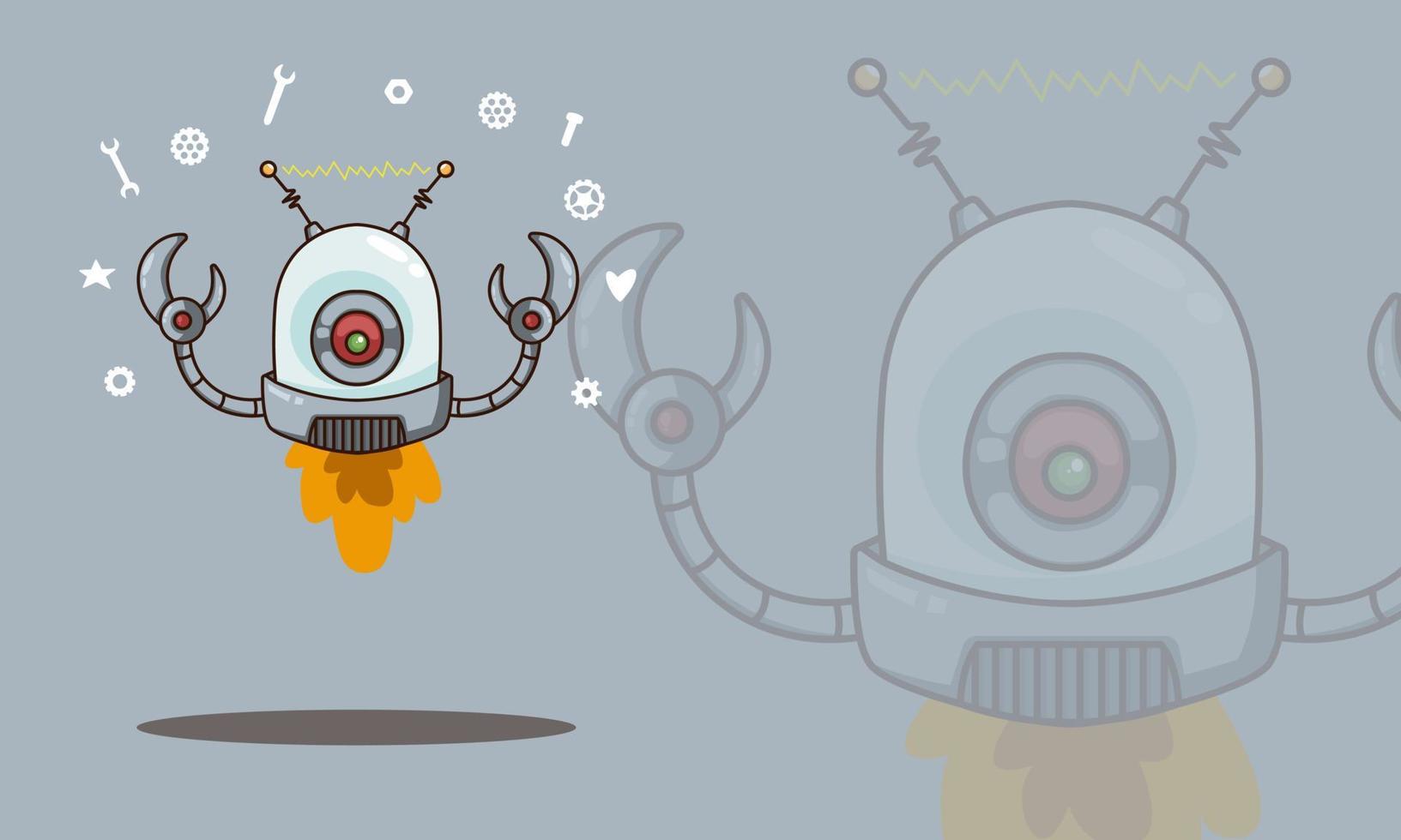 Cute gray robot on gray background. Graphic vector illustration. Cyborg futuristic design robotic toy robot. Robot technology machine future science toy. Cute element icon character, cartoon robot.