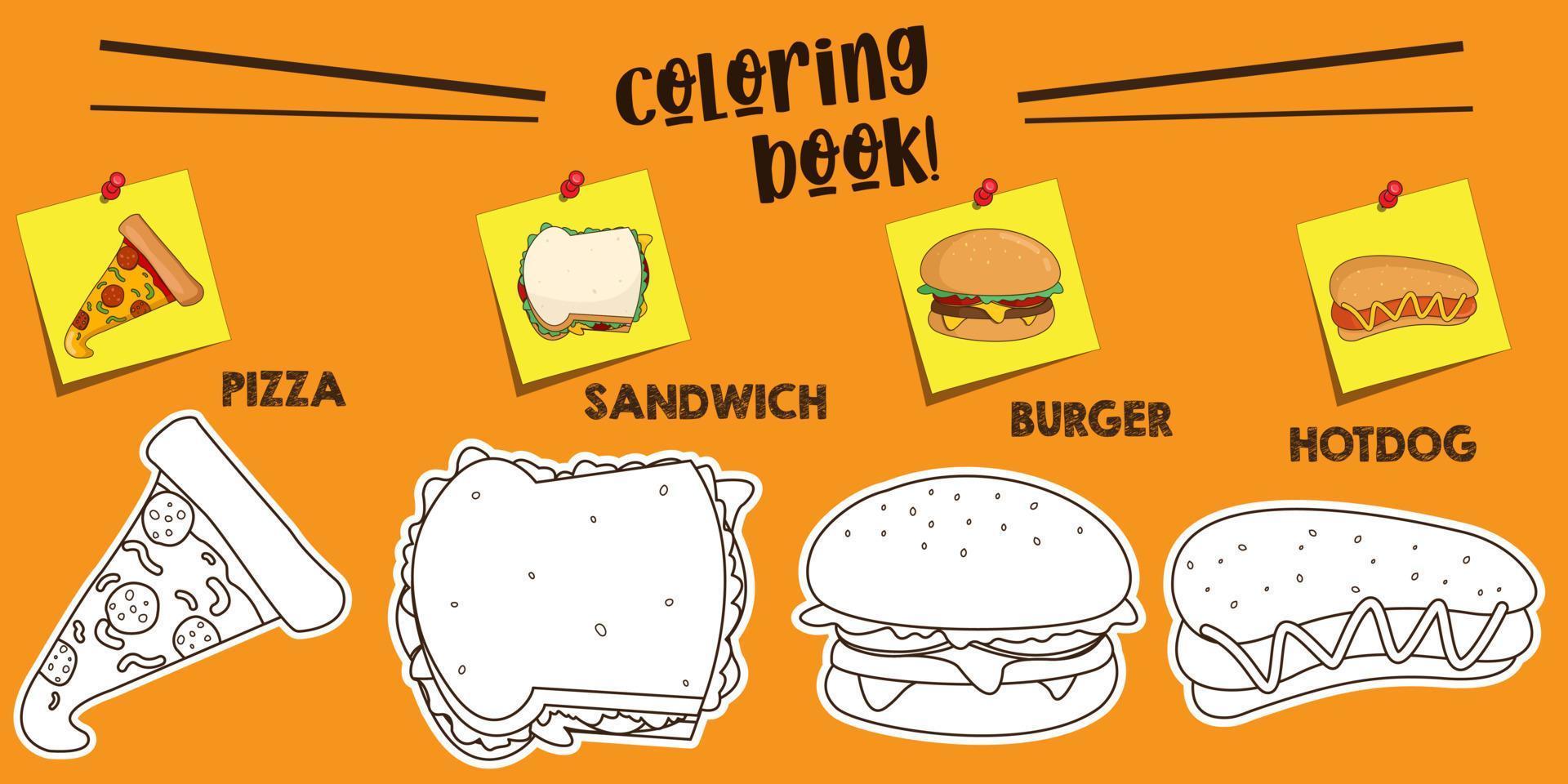 pizza de dibujos animados, sándwich, hamburguesa y hot dog. tema de comida rápida. ilustraciones gráficas vectoriales. adecuado para colorear libros para niños. vector