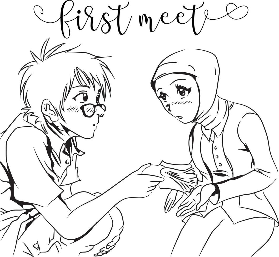 Meeting each other for the first time eye to eye. make a first impression. Contour vector illustrations. Manga style.