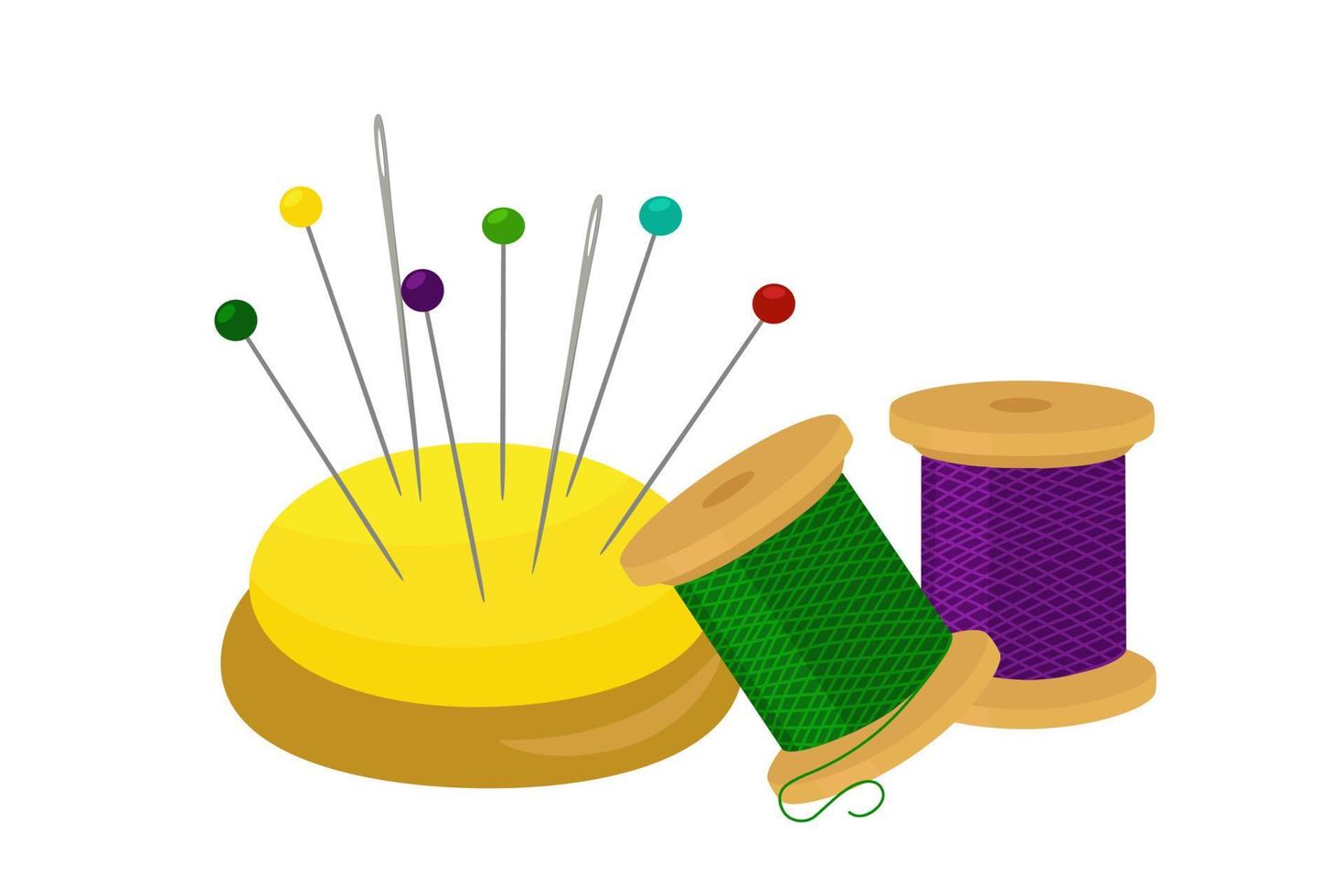 Yellow Pincushion with Needles and Colorful Pins. Spools of thread. vector