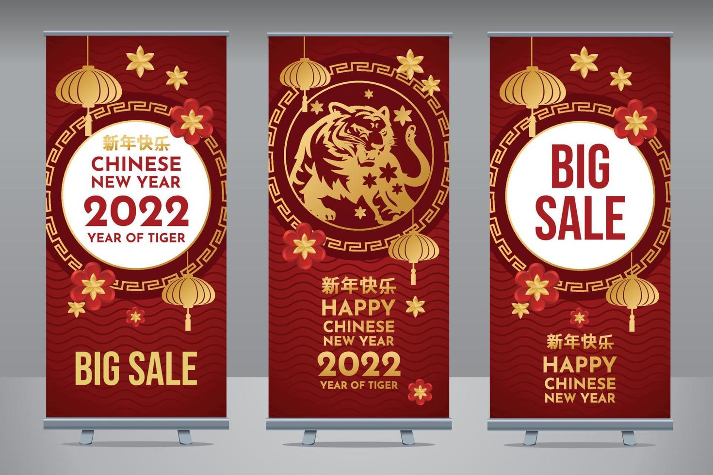 roll up banner año nuevo chino 2022 año de la flor roja y dorada del tigre. plantilla de banner de venta. vector