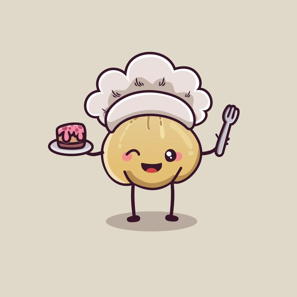 cute garlic cooking cake. chef character kawai vector