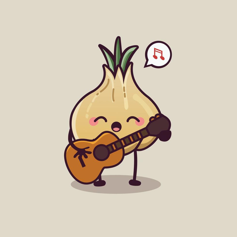 cute garlic character playing guitar and singing vector