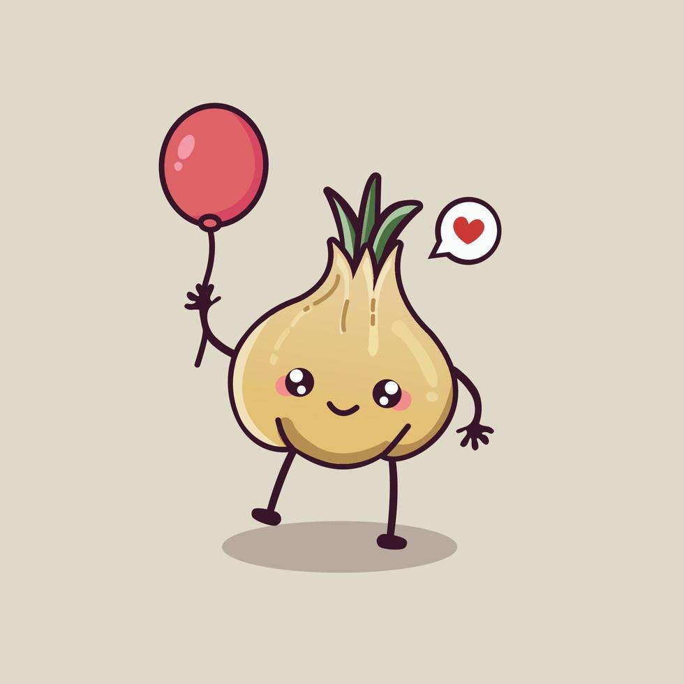 cute garlic mascot character holding baloon vector