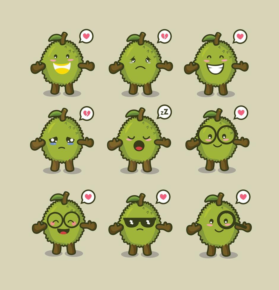 lindo diseño de vector de mascota durian. vector de durian con muchas expresiones de emoticonos