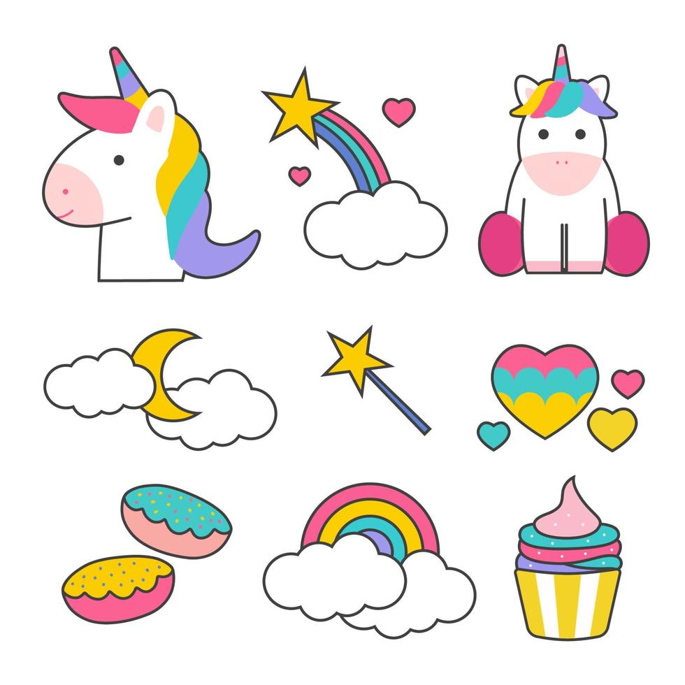 Unicorn Sticker Set with Colorful Rainbow 5205796 Vector Art at Vecteezy