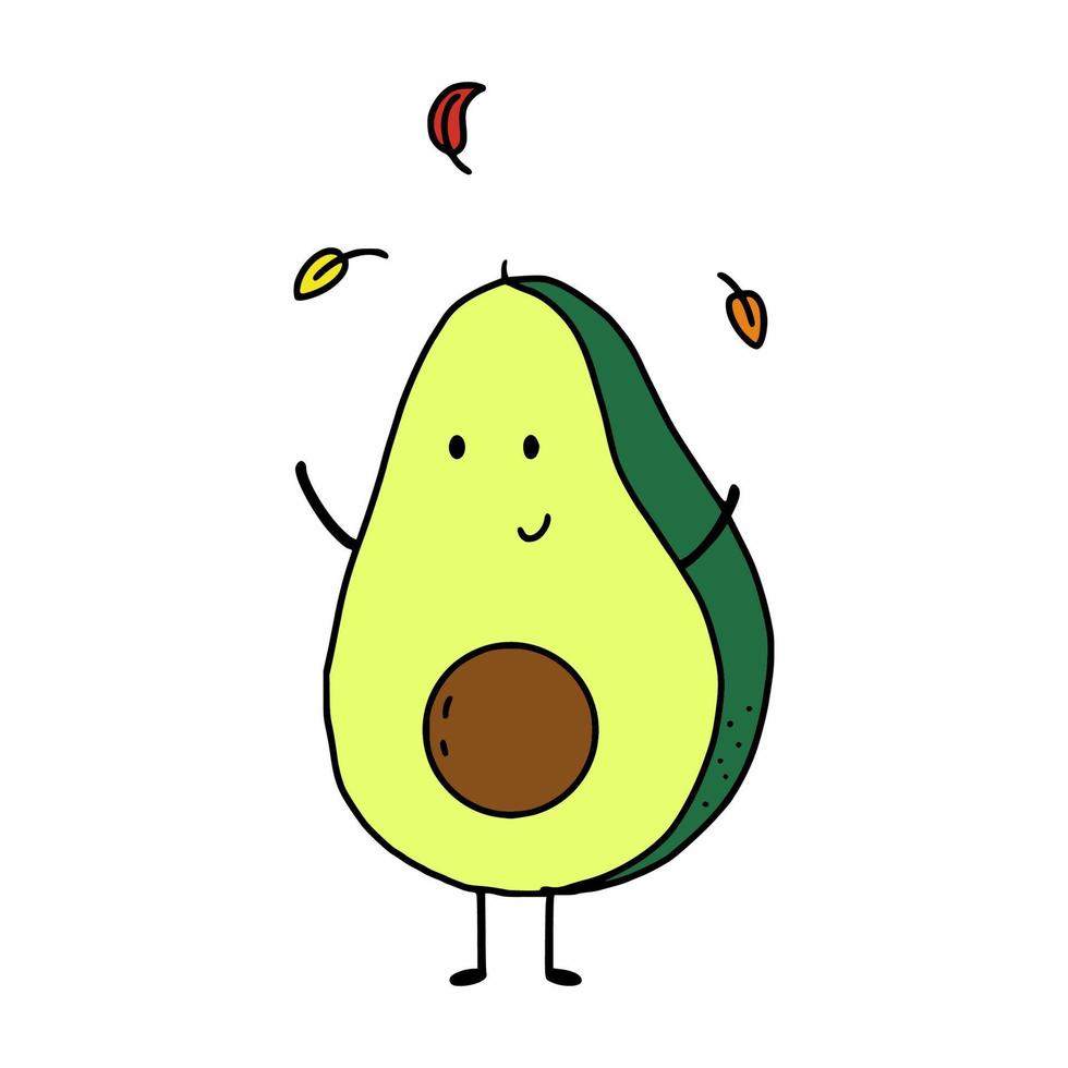 lindo aguacate con ojos. pegatina de otoño. impresión en ropa y portada de cuaderno. hoja cae. vector