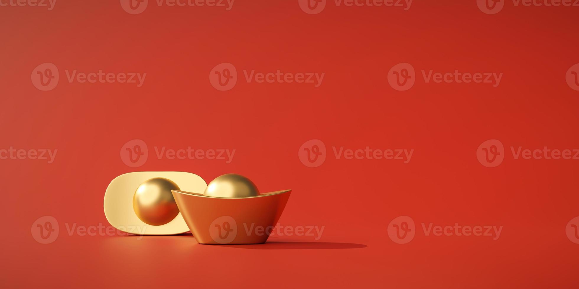 Yuan Bao Chinese gold Luxury rich golden coin or Chinese money traditional chinese new year on red background 3D rendering photo